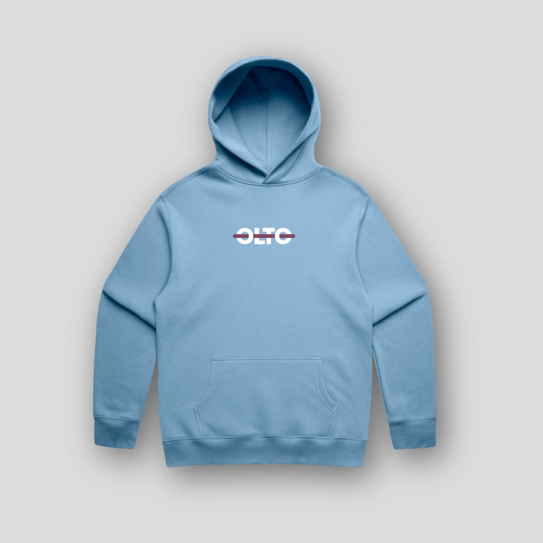 Front view of OLTO Unisex Relaxed Hoodie in Carolina Blue featuring Cherry ColourBolt
