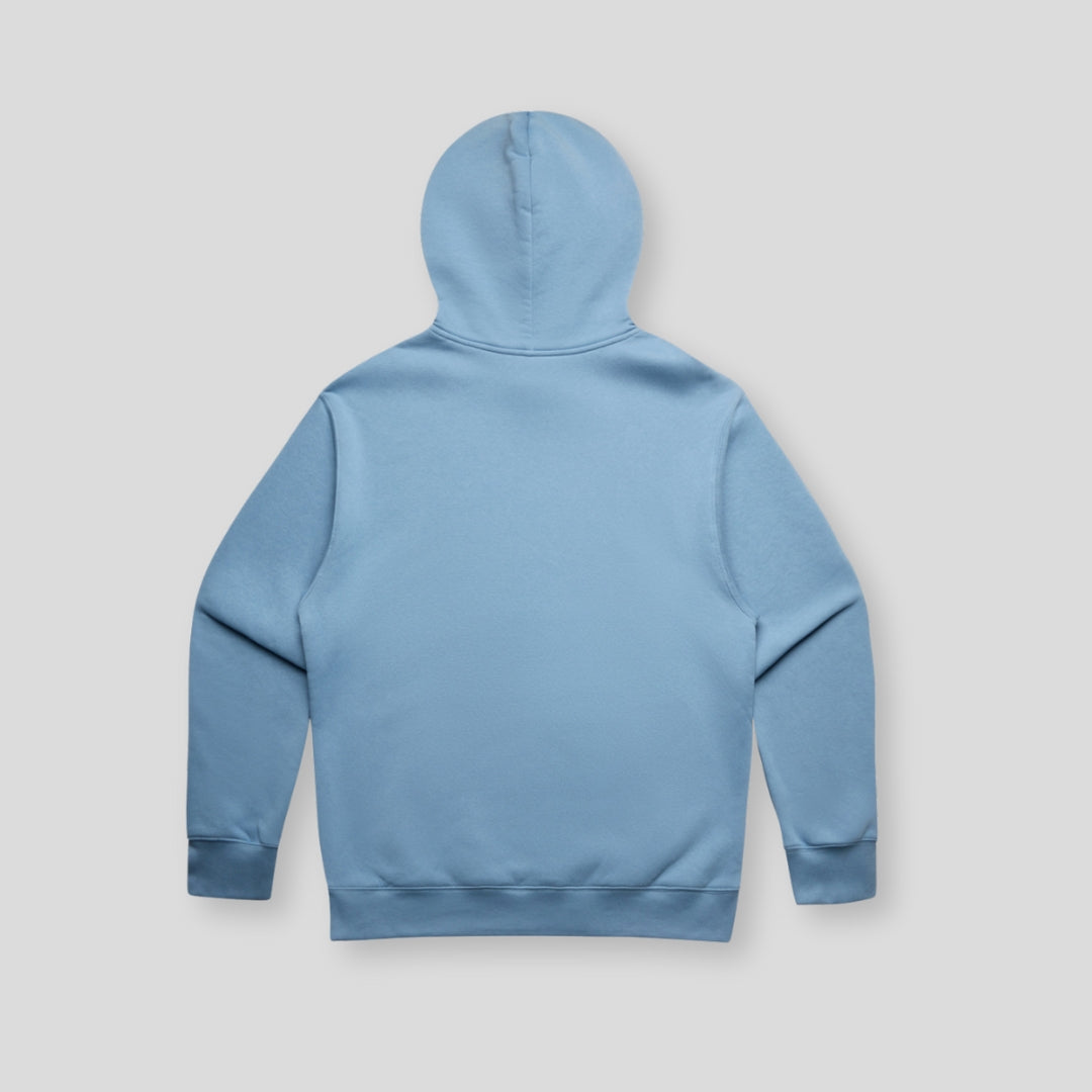 Back view of OLTO Unisex Relaxed Hoodie in Carolina Blue with Cherry ColourBolt design