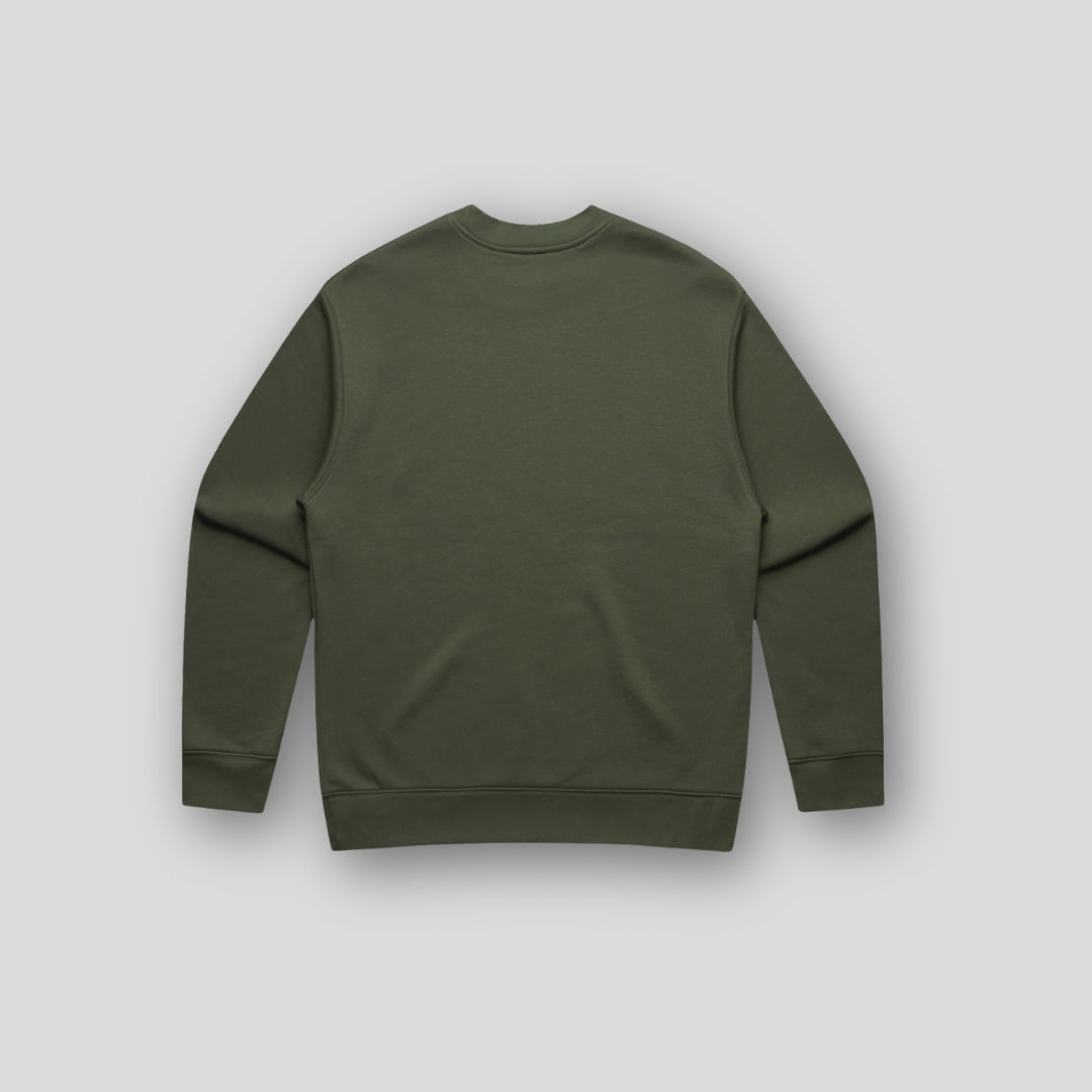 Back view of OLTO Unisex Relaxed Sweater in Cypress with Cherry ColourBolt design