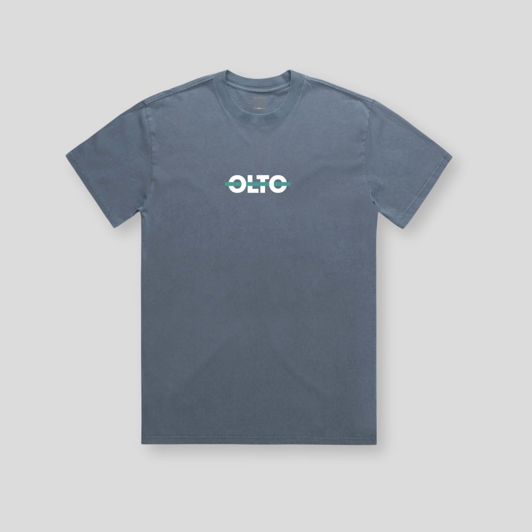 Front view of OLTO Unisex Heavy Tee in Faded Indigo featuring Teal ColourBolt
