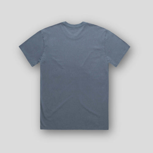 Back view of OLTO Unisex Heavy Tee in Faded Indigo with Teal ColourBolt design