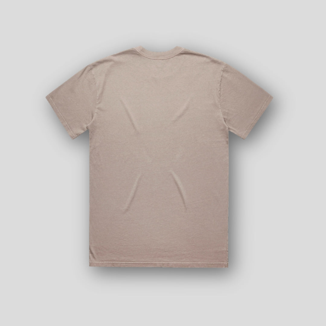 Back view of OLTO Unisex Heavy Tee in Faded Mushroom with Cherry ColourBolt design