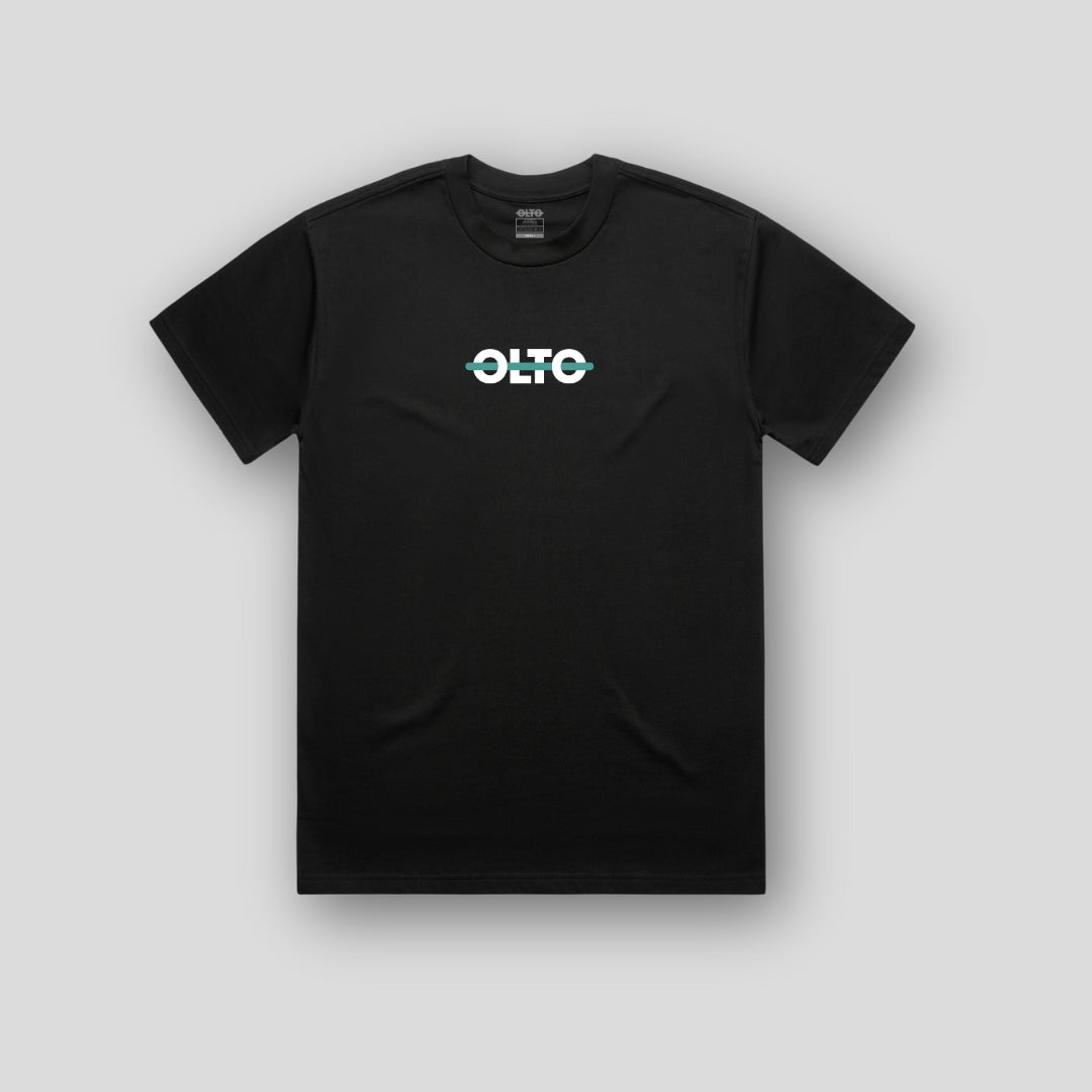 Front view of OLTO Unisex Heavy Tee in Black featuring Teal ColourBolt