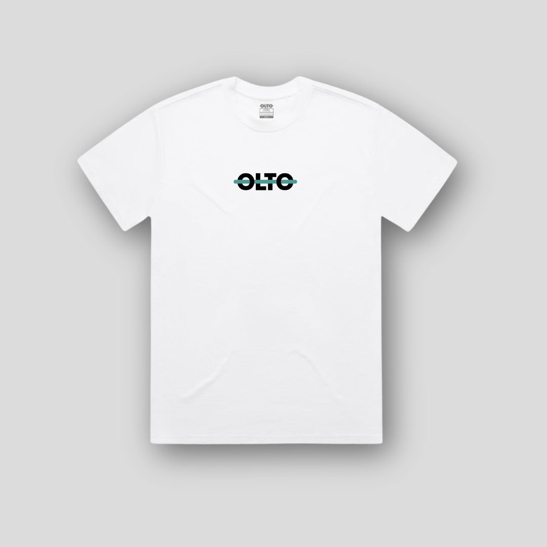Front view of OLTO Unisex Heavy Tee in White featuring Teal ColourBolt