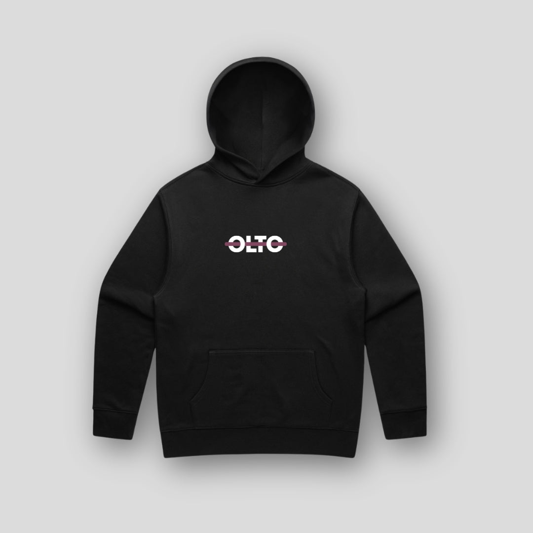 Front view of OLTO Unisex Relaxed Hoodie in Black featuring Cherry ColourBolt