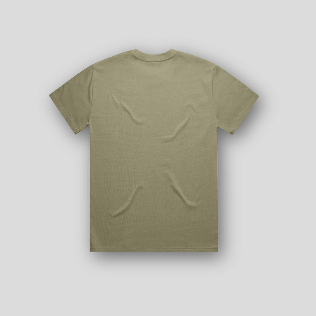 Back view of OLTO Unisex Heavy Tee in Eucalyptus with Cherry ColourBolt design