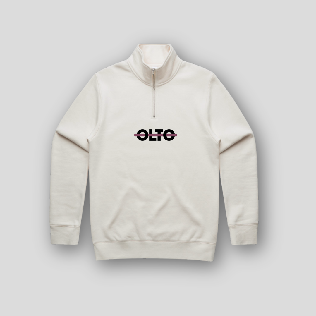 Front view of OLTO Unisex Half Zip in Bone featuring Cherry ColourBolt
