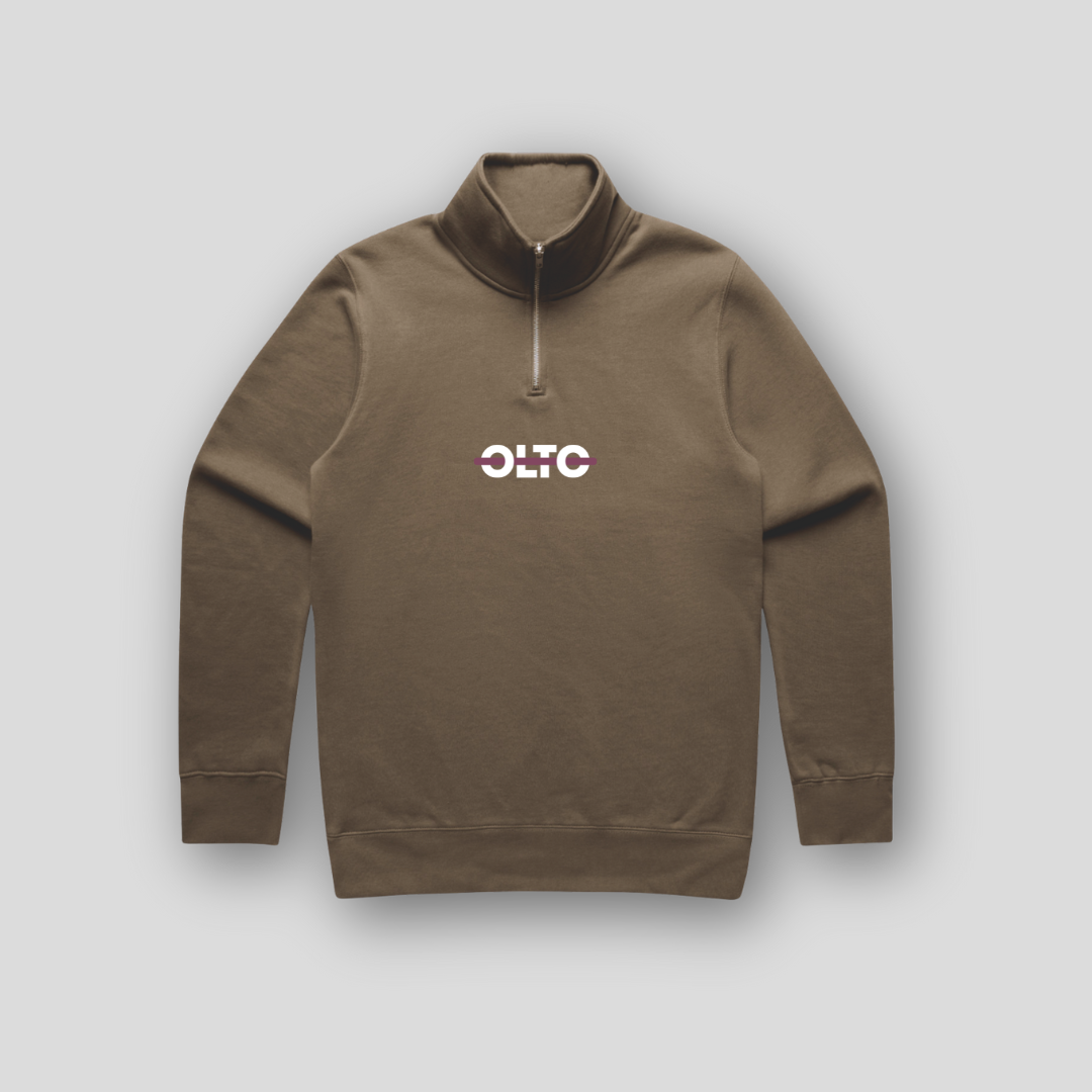 Front view of OLTO Unisex Half Zip in Walnut featuring Cherry ColourBolt