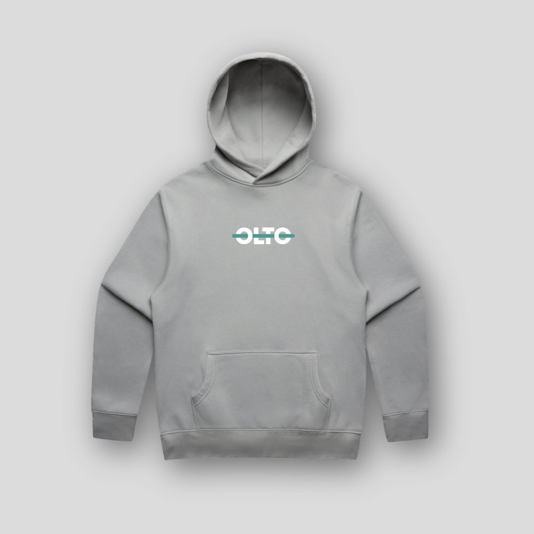 Front view of OLTO Unisex Relaxed Hoodie in Storm featuring Teal ColourBolt
