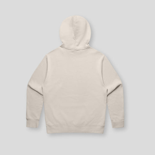 Back view of OLTO Unisex Relaxed Hoodie in Bone with Cherry ColourBolt design