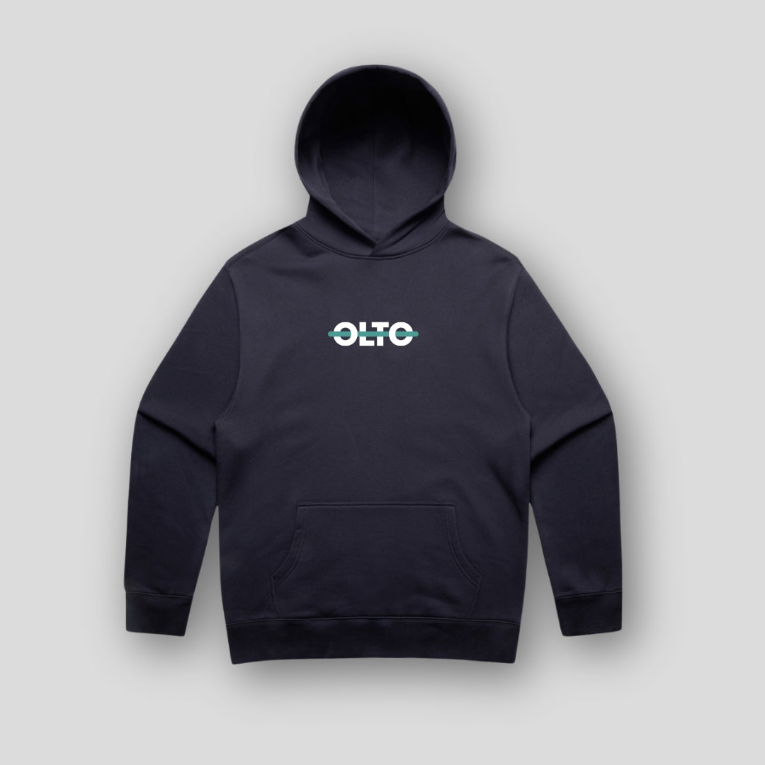 Front view of OLTO Unisex Relaxed Hoodie in Ink Blue featuring Teal ColourBolt