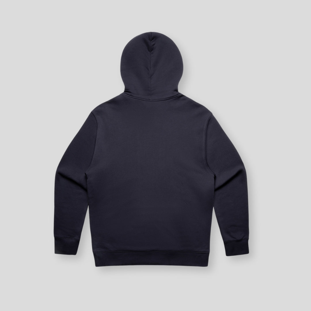 Back view of OLTO Unisex Relaxed Hoodie in Ink Blue with Teal ColourBolt design