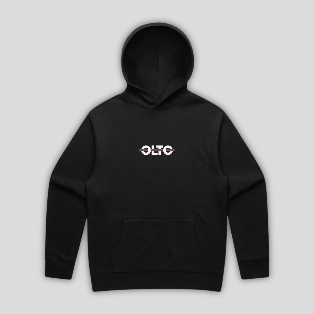 Front view flat lay of OLTO Hoodie in Black showing the signature ColourBolt chest logo and premium heavyweight fabric texture.