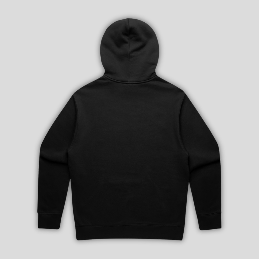 Rear view flat lay of OLTO Relaxed Hoodie in Black highlighting the relaxed unisex fit and high-quality T-Shirt construction.