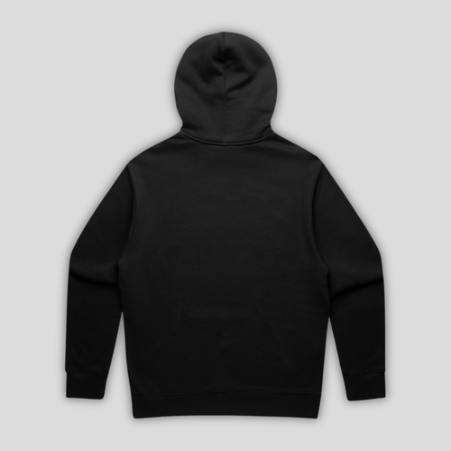 Rear view flat lay of OLTO Relaxed Hoodie in Black highlighting the relaxed unisex fit and high-quality T-Shirt construction.