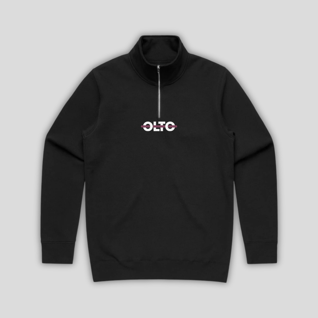 Front view flat lay of OLTO Half Zip in Black showing the signature ColourBolt chest logo and premium heavyweight fabric texture.