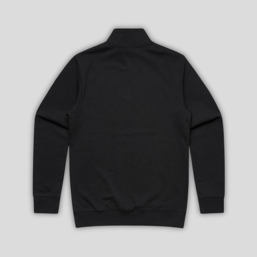 Rear view flat lay of OLTO Half Zip in Black highlighting the relaxed unisex fit and high-quality half zip construction.