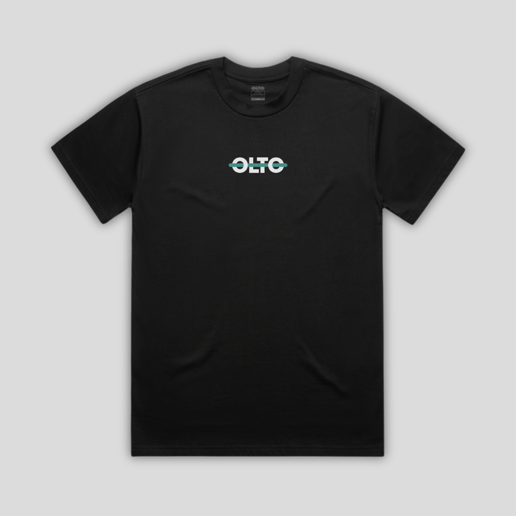 Front view flat lay of OLTO Relaxed T-Shirt in Black showing the signature Colourbolt chest logo and premium heavyweight fabric texture.
