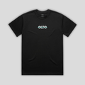 Front view flat lay of OLTO Relaxed T-Shirt in Black showing the signature Colourbolt chest logo and premium heavyweight fabric texture.