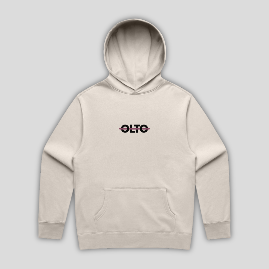 Front view flat lay of OLTO Hoodie in Bone showing the signature ColourBolt chest logo and premium heavyweight fabric texture.