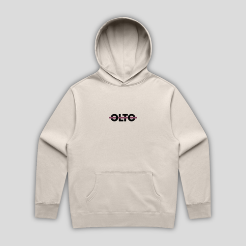 Front view flat lay of OLTO Hoodie in Bone showing the signature ColourBolt chest logo and premium heavyweight fabric texture.