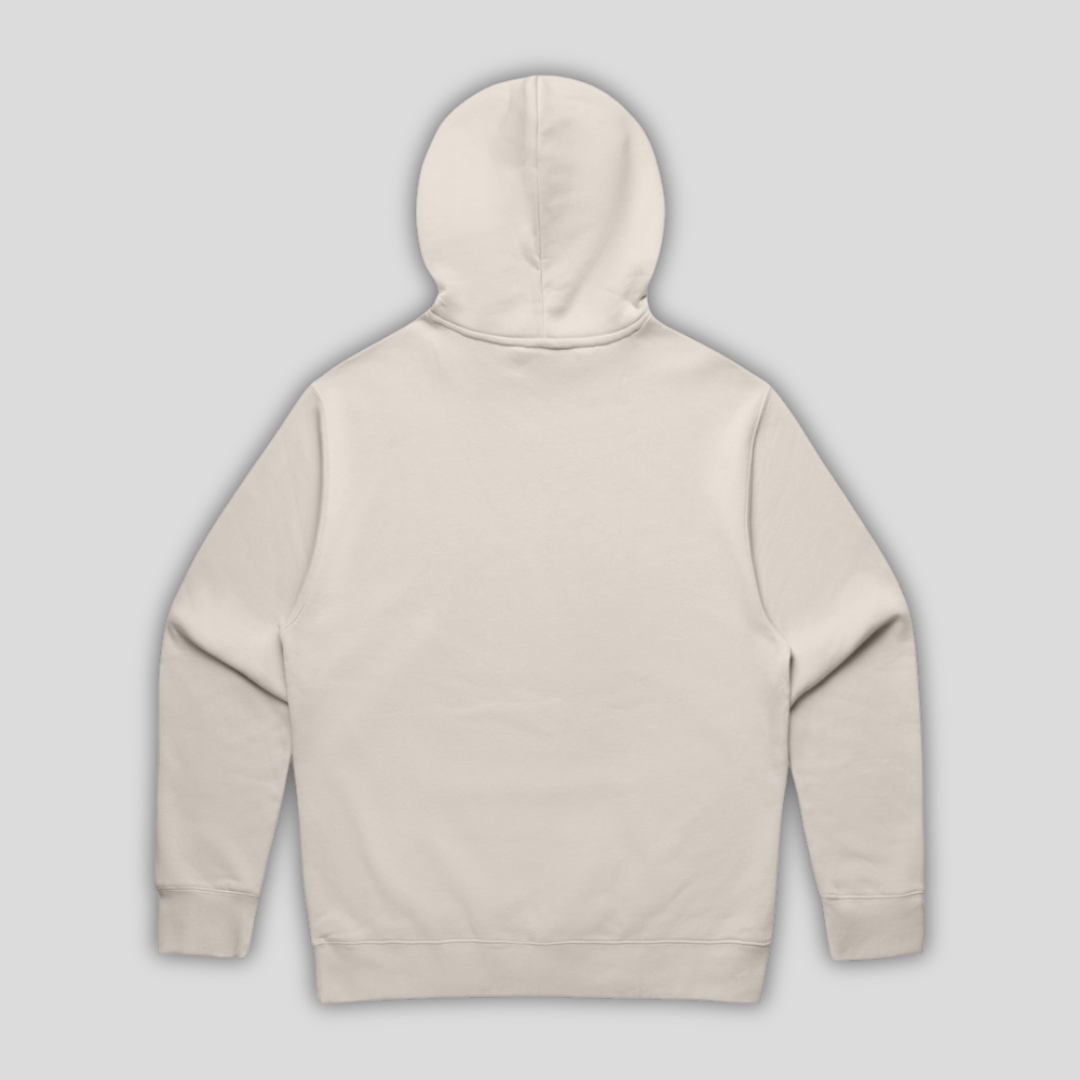 Rear view flat lay of OLTO Relaxed Hoodie in Bone highlighting the relaxed unisex fit and high-quality T-Shirt construction.