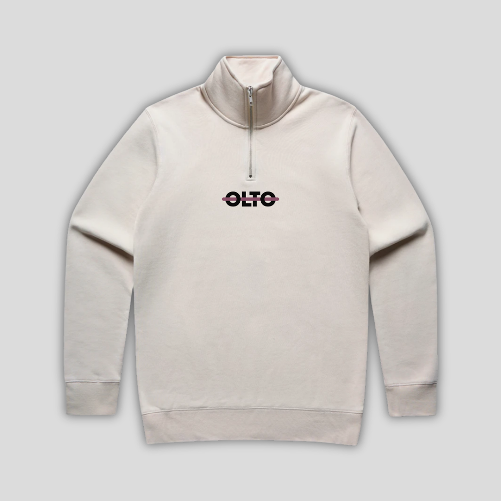 Front view flat lay of OLTO Half Zip in Bone showing the signature ColourBolt chest logo and premium heavyweight fabric texture.