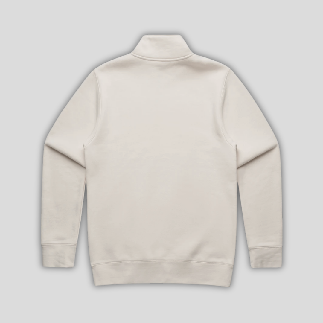 Rear view flat lay of OLTO Half Zip in Bone highlighting the relaxed unisex fit and high-quality half zip construction.