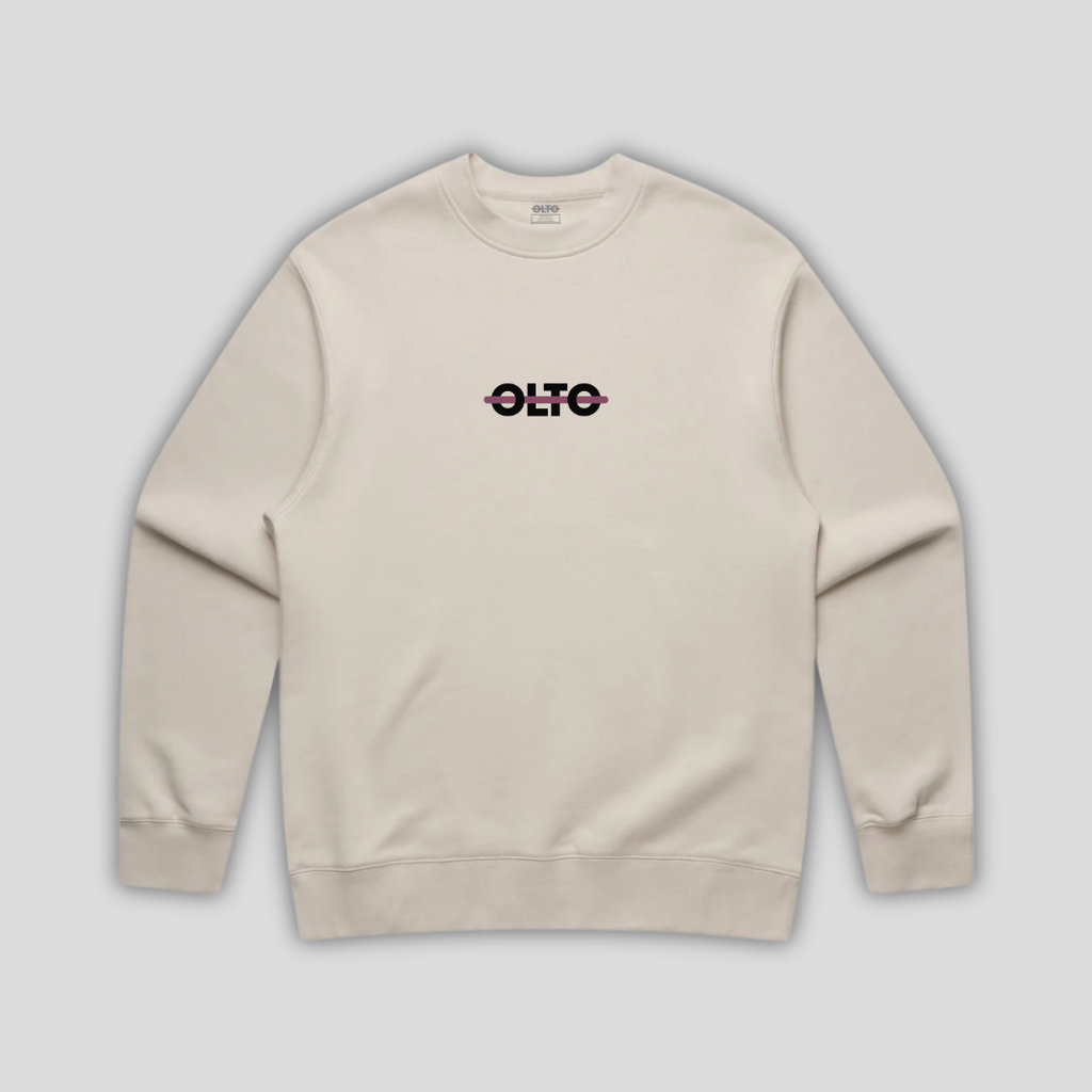 Front view flat lay of OLTO Sweater in Bone showing the signature ColourBolt chest logo and premium heavyweight fabric texture.
