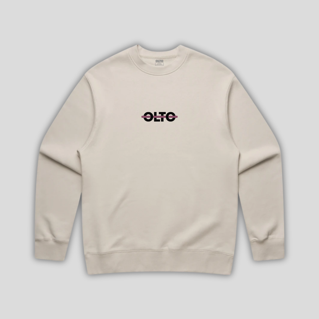 Front view flat lay of OLTO Sweater in Bone showing the signature ColourBolt chest logo and premium heavyweight fabric texture.