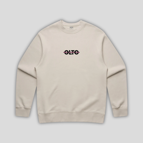 Front view flat lay of OLTO Sweater in Bone showing the signature ColourBolt chest logo and premium heavyweight fabric texture.