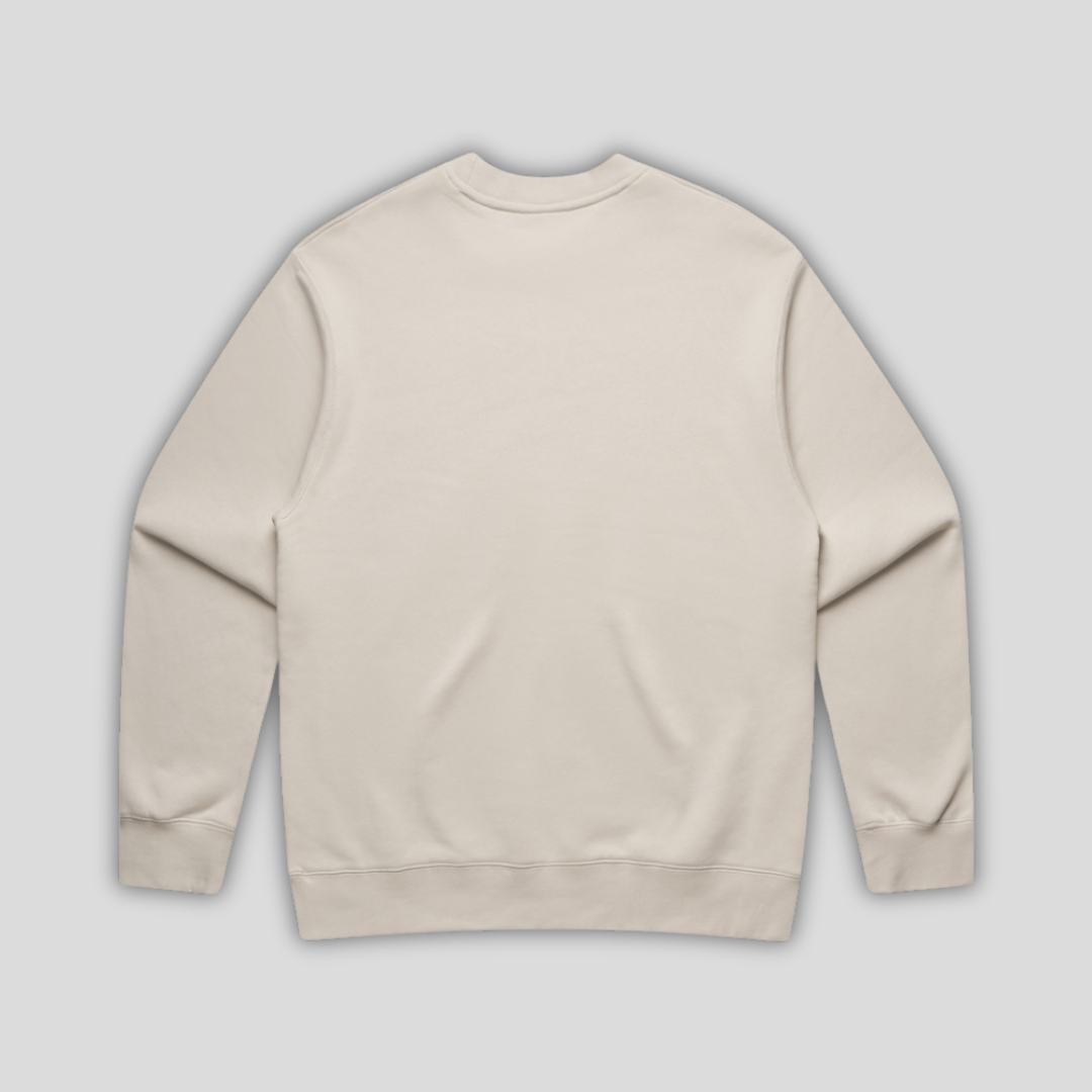 Rear view flat lay of OLTO Relaxed Sweater in Bone highlighting the relaxed unisex fit and high-quality T-Shirt construction.