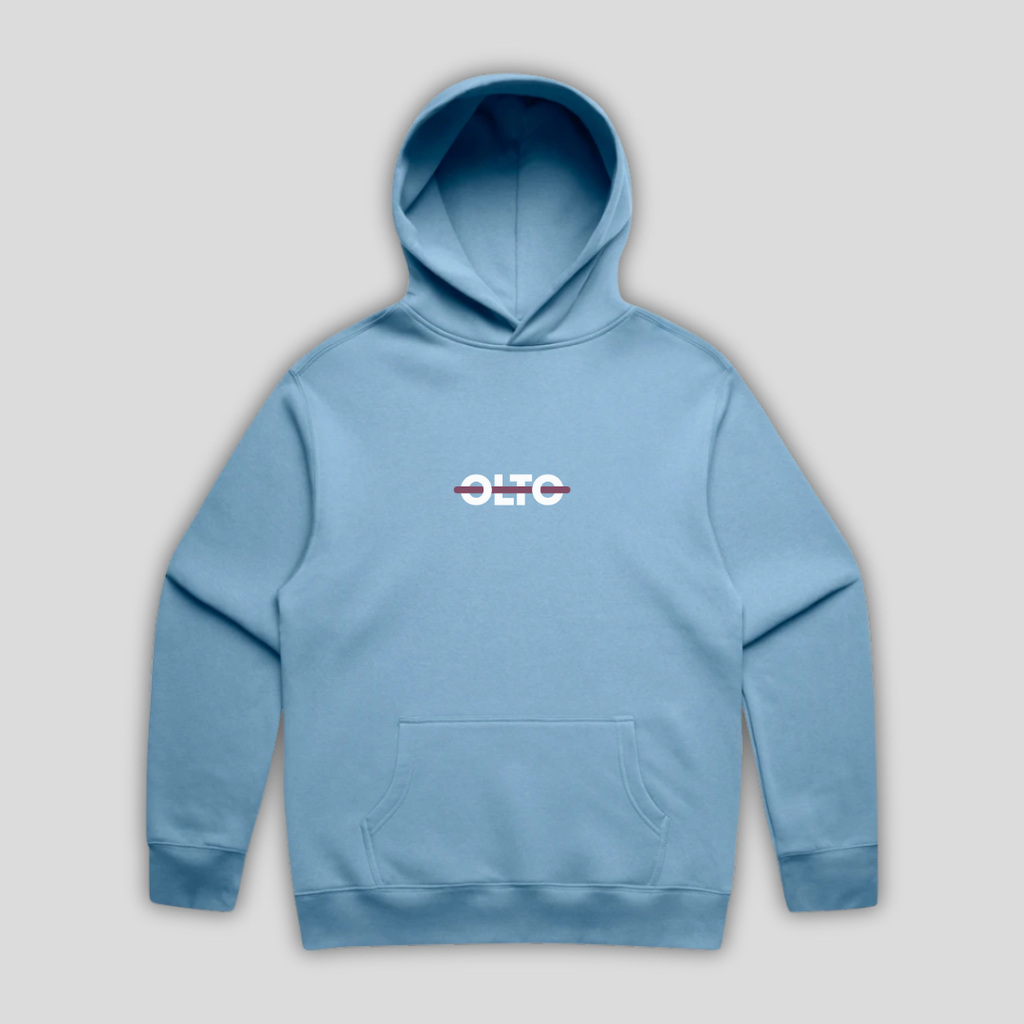 Front view flat lay of OLTO Hoodie in Carolina Blue showing the signature ColourBolt chest logo and premium heavyweight fabric texture.