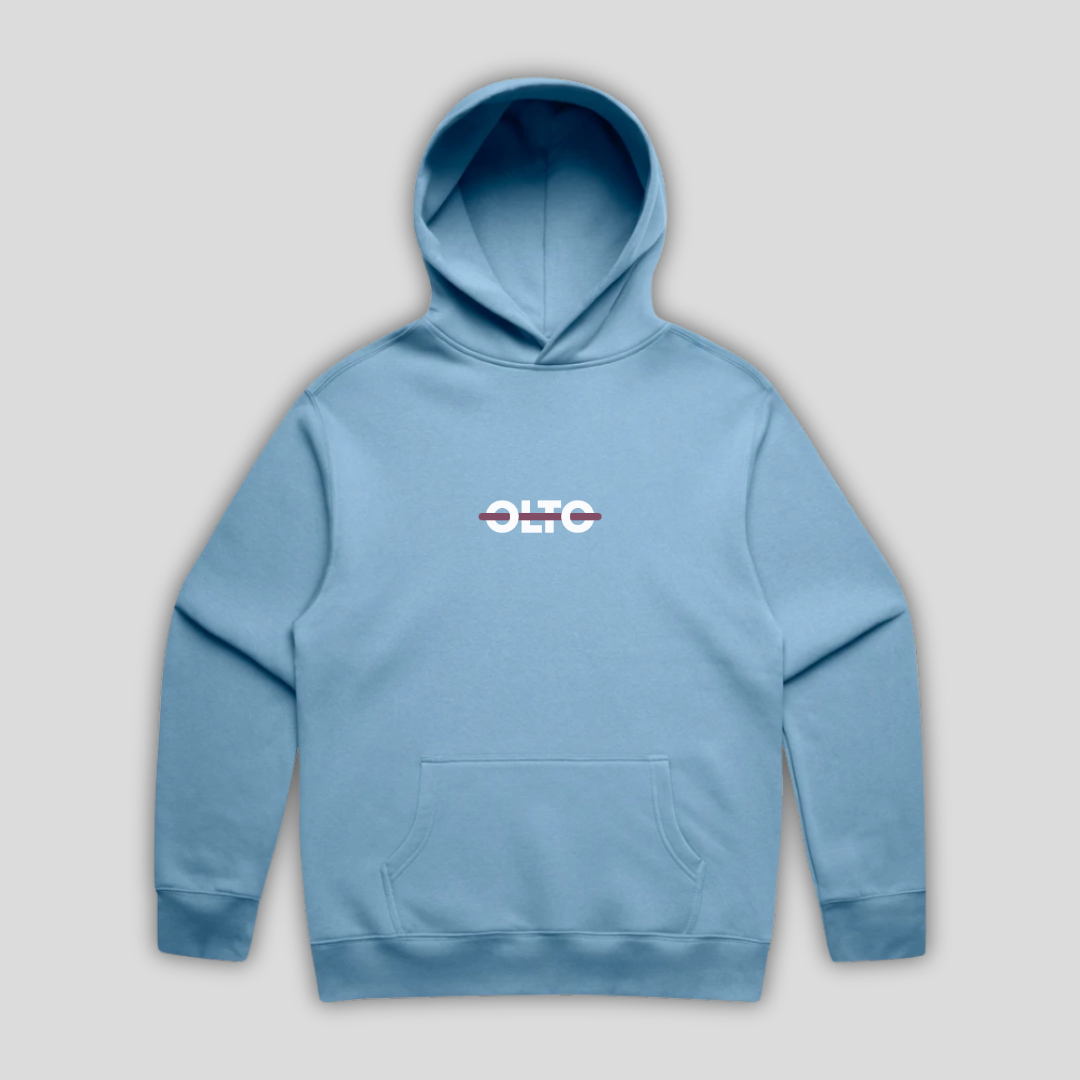 Front view flat lay of OLTO Hoodie in Carolina Blue showing the signature ColourBolt chest logo and premium heavyweight fabric texture.