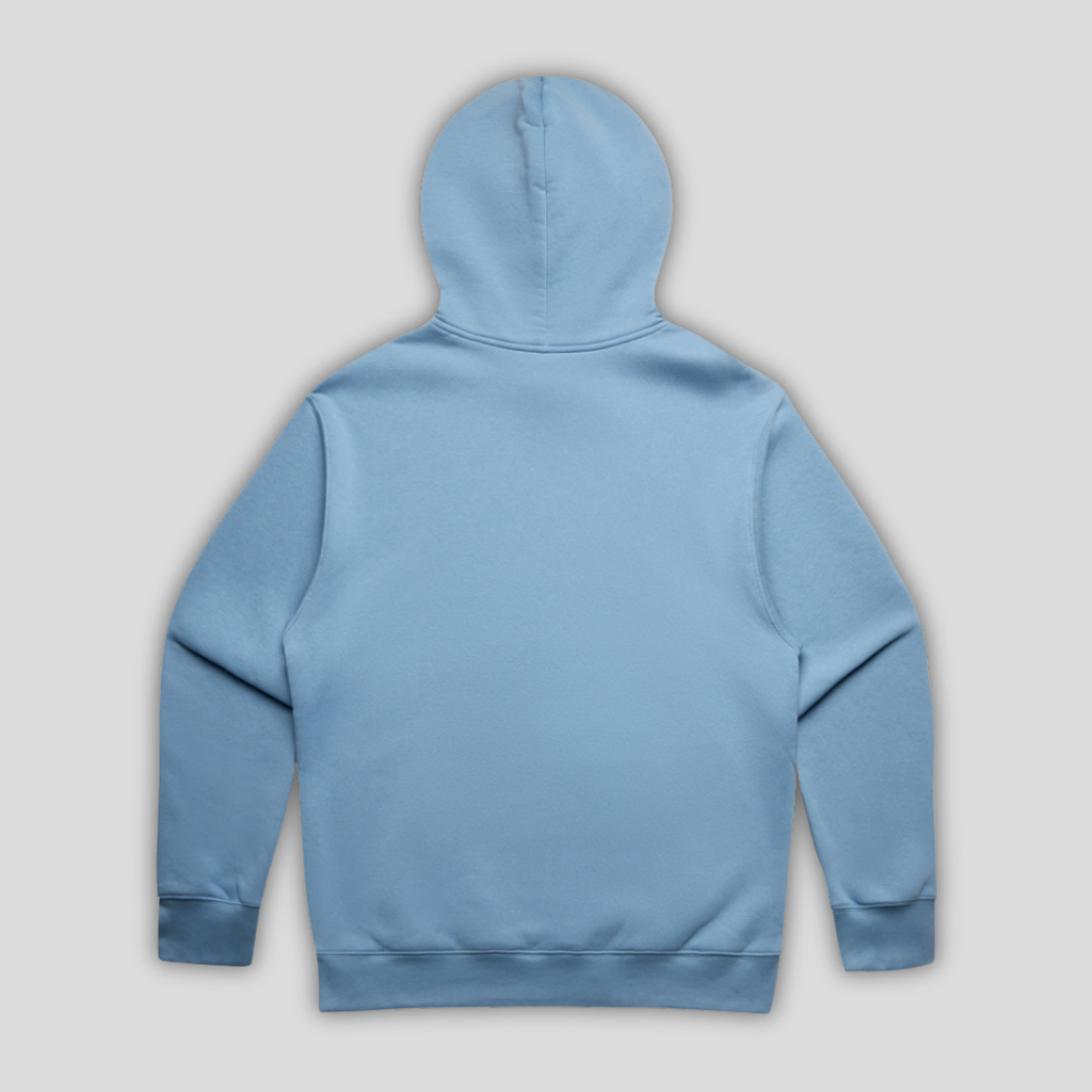 Rear view flat lay of OLTO Relaxed Hoodie in Carolina Blue highlighting the relaxed unisex fit and high-quality T-Shirt construction.