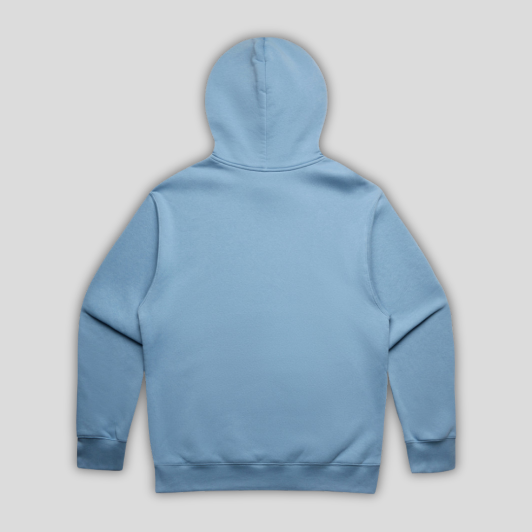 Rear view flat lay of OLTO Relaxed Hoodie in Carolina Blue highlighting the relaxed unisex fit and high-quality T-Shirt construction.