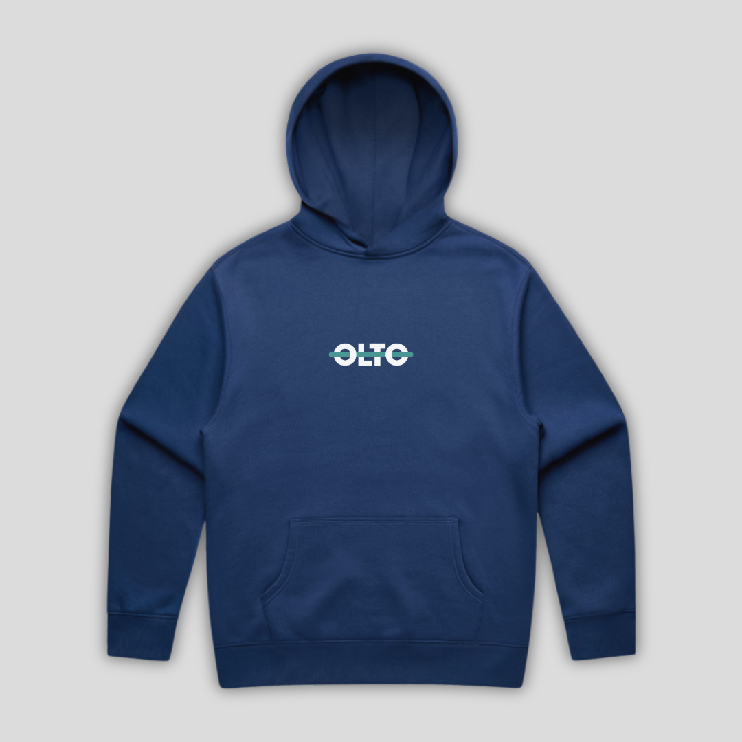 Front view flat lay of OLTO Hoodie in Cobalt showing the signature ColourBolt chest logo and premium heavyweight fabric texture.