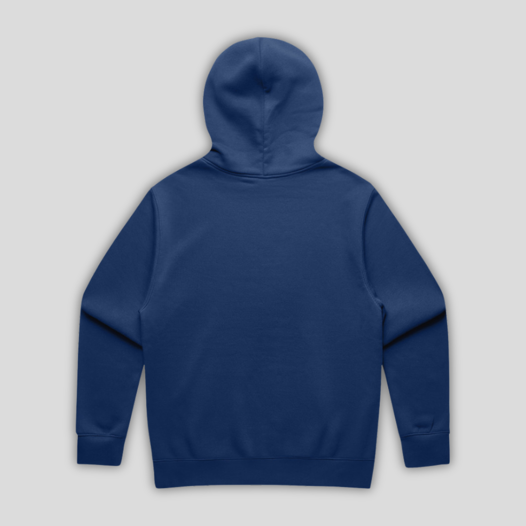 Rear view flat lay of OLTO Relaxed Hoodie in Cobalt highlighting the relaxed unisex fit and high-quality T-Shirt construction.