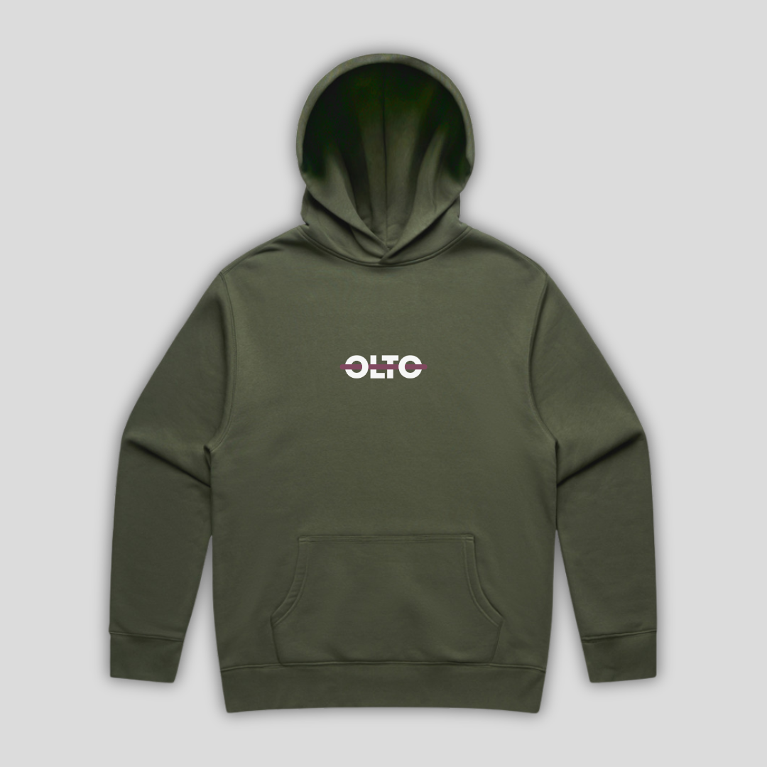 Front view flat lay of OLTO Hoodie in Cypress showing the signature ColourBolt chest logo and premium heavyweight fabric texture.