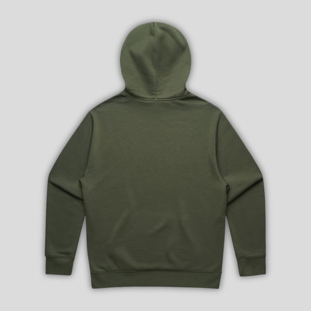 Rear view flat lay of OLTO Relaxed Hoodie in Cypress highlighting the relaxed unisex fit and high-quality T-Shirt construction.
