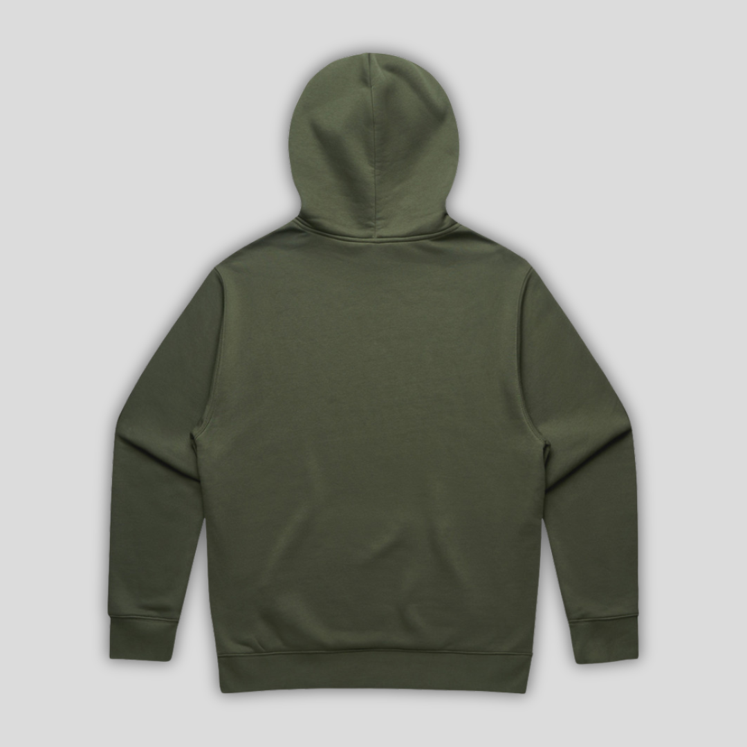 Rear view flat lay of OLTO Relaxed Hoodie in Cypress highlighting the relaxed unisex fit and high-quality T-Shirt construction.