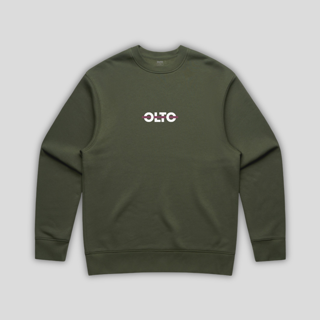 Front view flat lay of OLTO Sweater in Cypress showing the signature ColourBolt chest logo and premium heavyweight fabric texture.