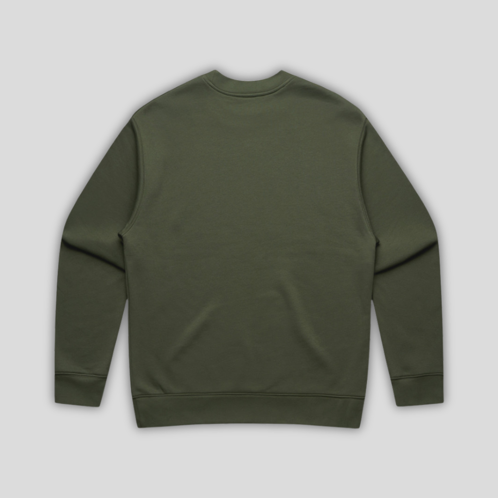 Rear view flat lay of OLTO Relaxed Sweater in Cypress highlighting the relaxed unisex fit and high-quality T-Shirt construction.