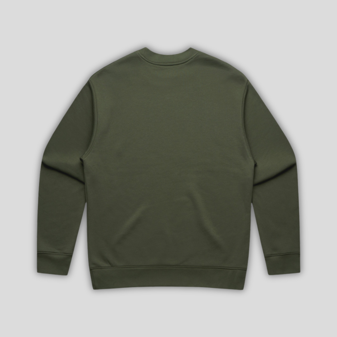 Rear view flat lay of OLTO Relaxed Sweater in Cypress highlighting the relaxed unisex fit and high-quality T-Shirt construction.
