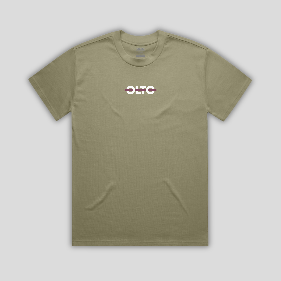 Front view flat lay of OLTO Relaxed T-Shirt in Eucalyptus showing the signature Colourbolt chest logo and premium heavyweight fabric texture.