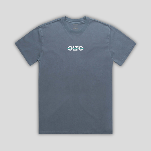 Front view flat lay of OLTO Relaxed T-Shirt in Faded Indigo showing the signature Colourbolt chest logo and premium heavyweight fabric texture.