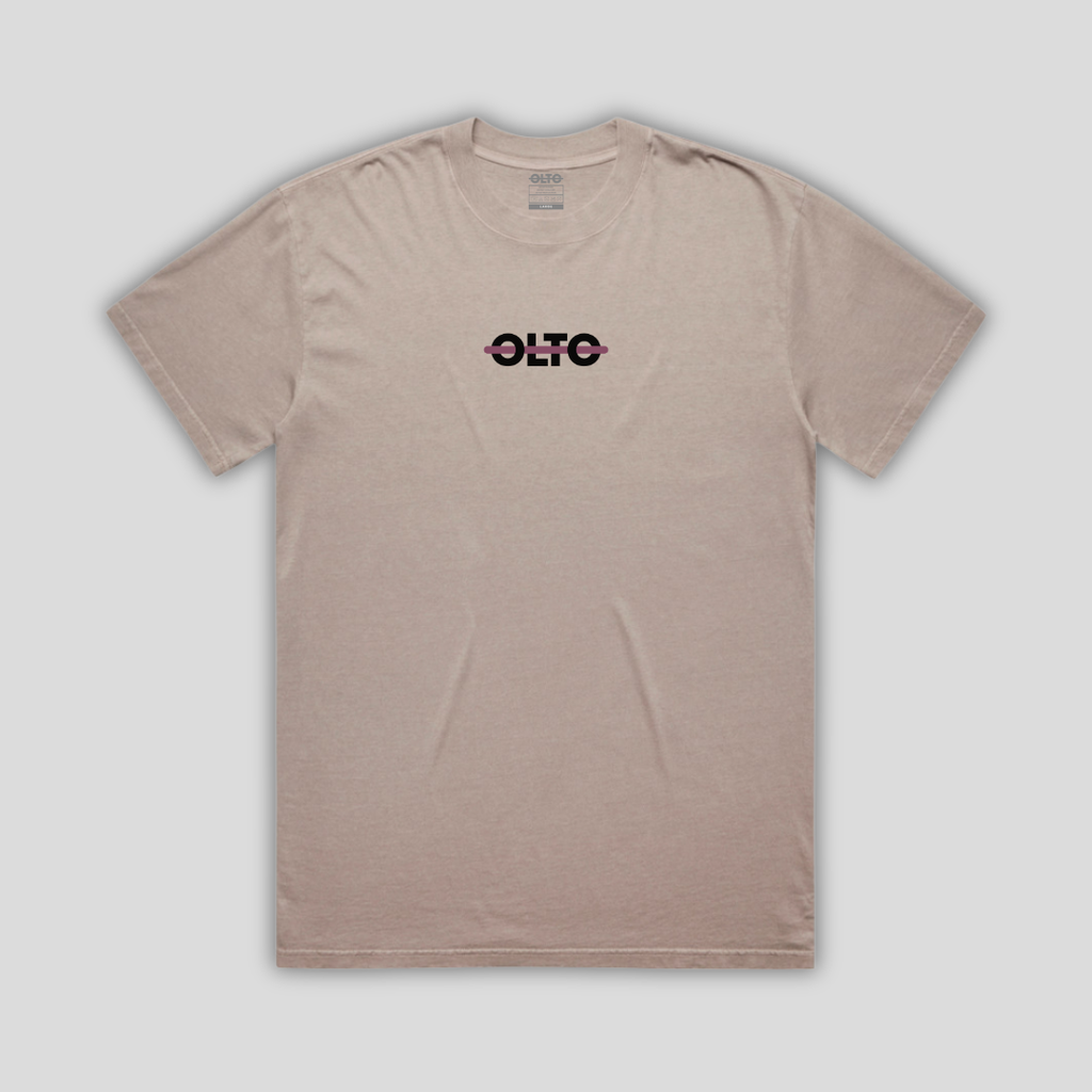 Front view flat lay of OLTO Relaxed T-Shirt in Faded Mushroom showing the signature Colourbolt chest logo and premium heavyweight fabric texture.
