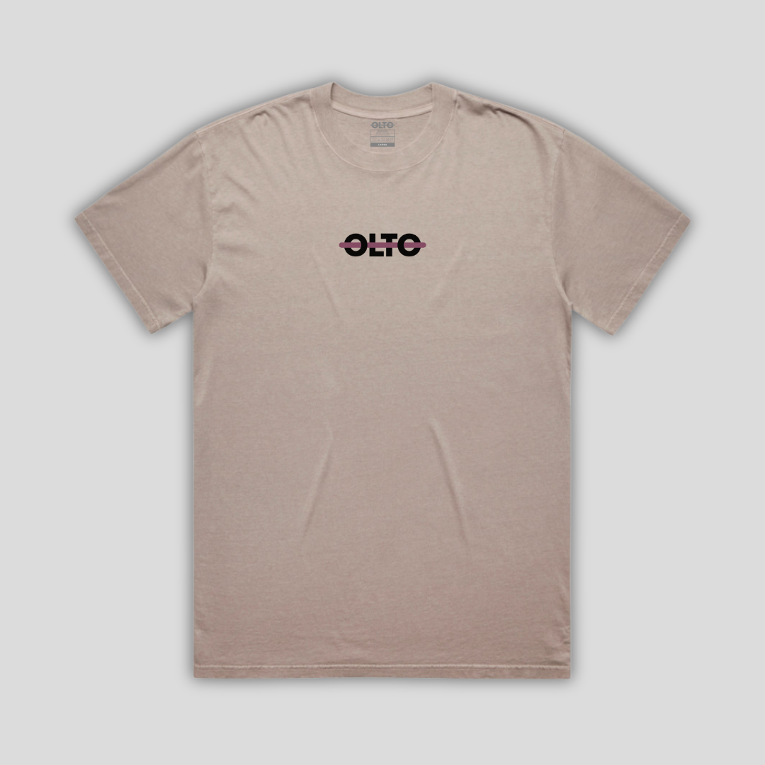Front view flat lay of OLTO Relaxed T-Shirt in Faded Mushroom showing the signature Colourbolt chest logo and premium heavyweight fabric texture.