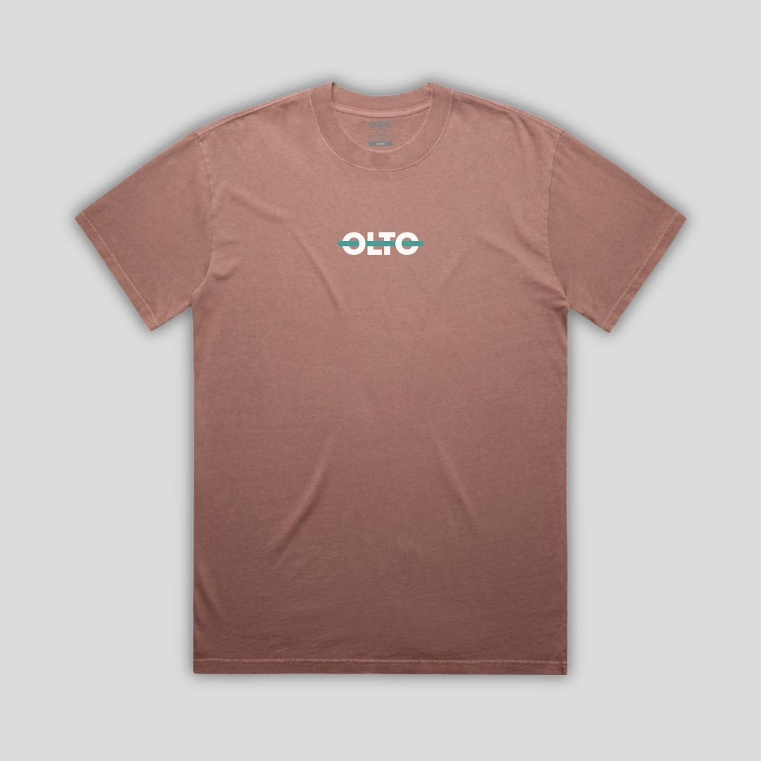 Front view flat lay of OLTO Relaxed T-Shirt in Faded Pink showing the signature Colourbolt chest logo and premium heavyweight fabric texture.