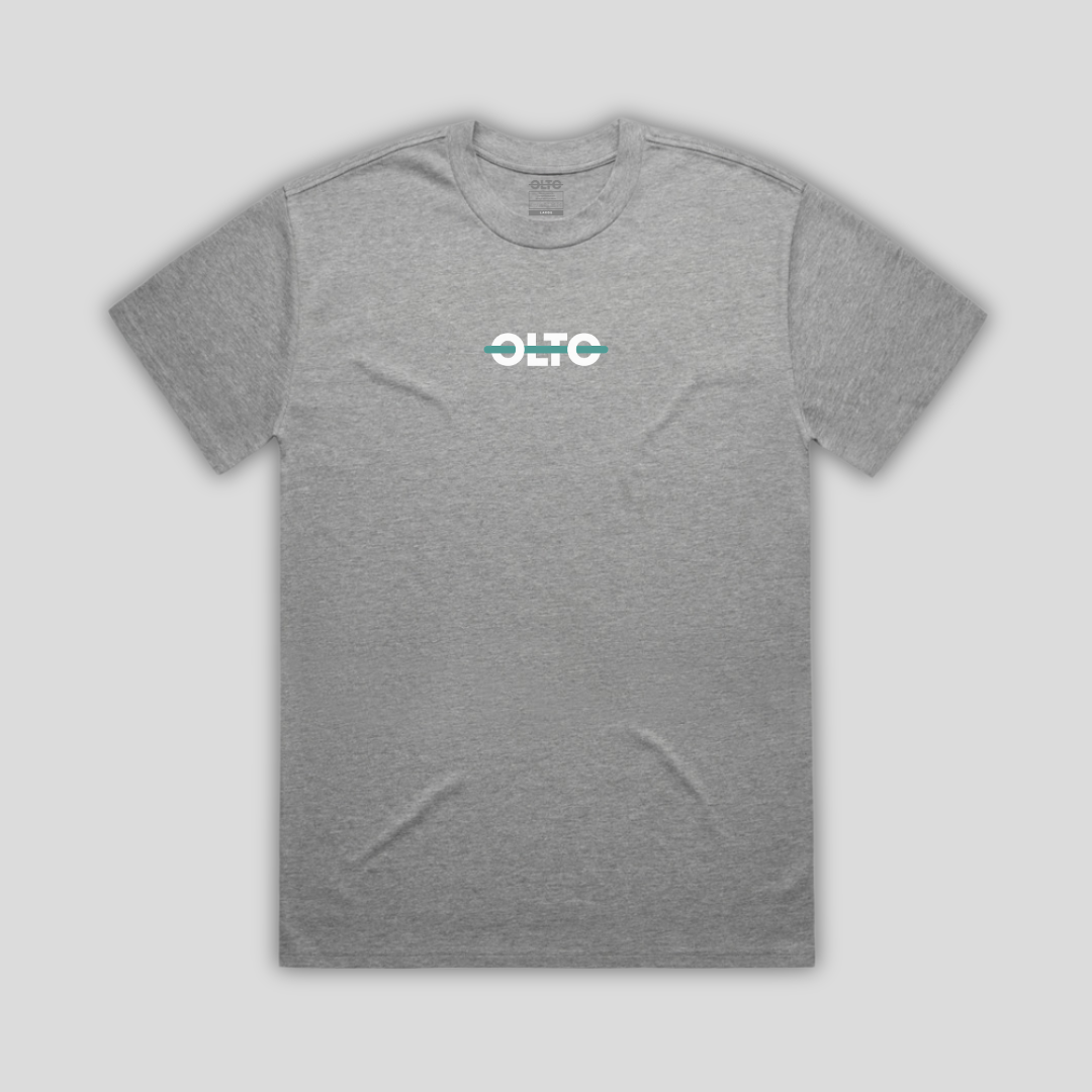 Front view flat lay of OLTO Relaxed T-Shirt in Grey Marl showing the signature Colourbolt chest logo and premium heavyweight fabric texture.